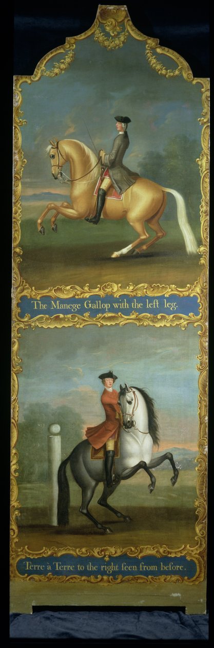 Galop na maneżu lub Carriere" (u góry) i "Terre a Terre w prawo widziane z góry" (u dołu), ok. 1750 r. autorstwa Thomas, of Pall Mall Butler