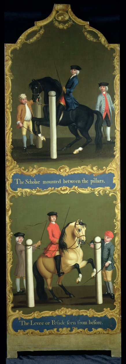 „Uczony zamontowany między filarami” (u góry) i „Wał lub Pesada widziany sprzed” (na dole), ok. 1750 autorstwa Thomas, of Pall Mall Butler