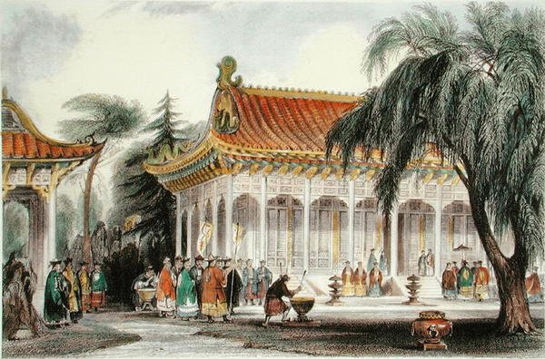 Sala Audiencyjna w Pałacu Yuen-ming-Yuan, Pekin, ok. 1850 (kolor lito) autorstwa Thomas (after) Allom
