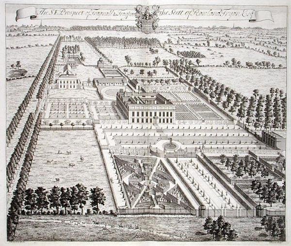 South East Prospect of Frogpool, siedziby Rowland Fdyon, z „Trzydziestu sześciu różnych poglądów na szlachciców i dżentelmenów w hrabstwie Kent”, grawerowane przez I. Harrisa, ok. 1750 (rycina) autorstwa Thomas (after) Badeslade