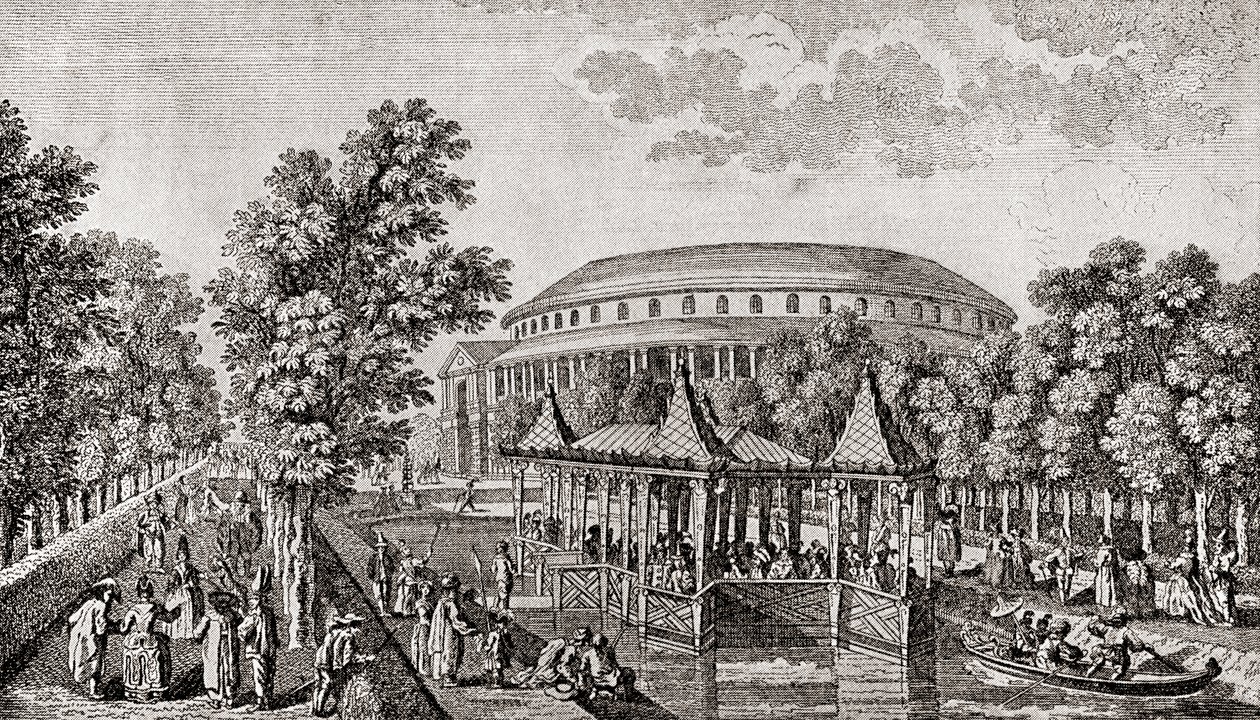 Ogrody Ranelagh, Chelsea, Londyn, Anglia. Zewnętrzna część Rotundy w Ranelagh Gardens, „Chiński Dom” i część terenu, według ryciny Thomasa Bowlesa autorstwa Thomas (after) Bowles