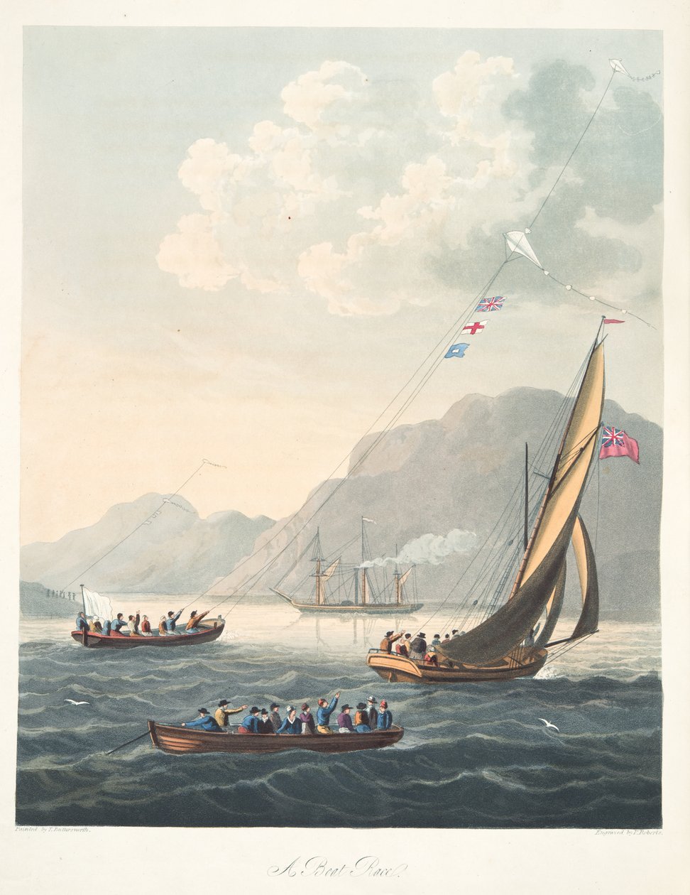 Wyścig łodzi, z „Sztuka aeropleustyczna, czyli nawigacja w powietrzu przy użyciu latawców lub pływających żagli”, wyd. 1827 (akwatinta ręcznie kolorowana) autorstwa Thomas (after) Butterworth