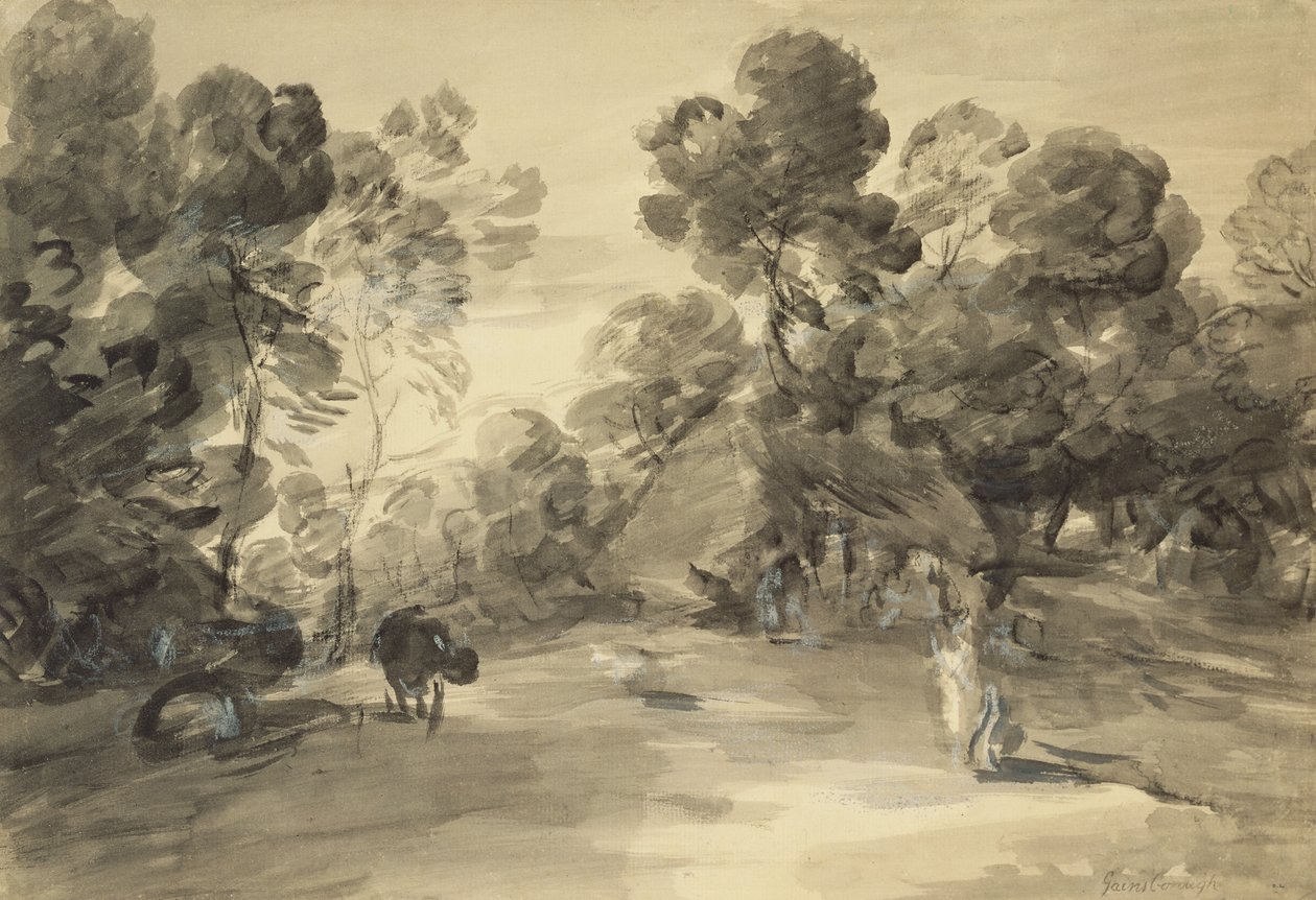 Zalesiony pejzaż z postaciami, chatą i krową, ok.1785 (pranie i kreda z gwaszem na papierze) autorstwa Thomas (after) Gainsborough
