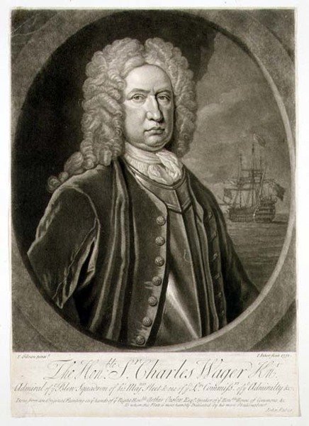 Portret sir Charlesa Wagera (1666-1743) Admirała Błękitnej Eskadry, sztychowany przez Johna Fabera (1684-1756) 1732 (rycina) autorstwa Thomas (after) Gibson