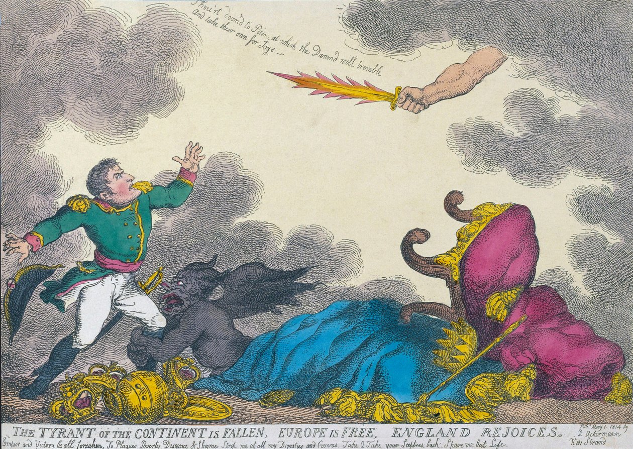 Karykatura upamiętniająca abdykację Napoleona w 1814 roku autorstwa Thomas (after) Rowlandson