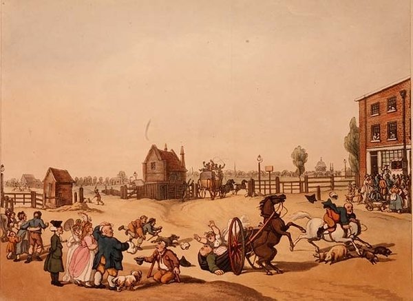 Wejście z Hackney lub Cambridge Heath Turnpike z odległym widokiem na St Paul, grawerowane przez Schutza autorstwa Thomas (after) Rowlandson