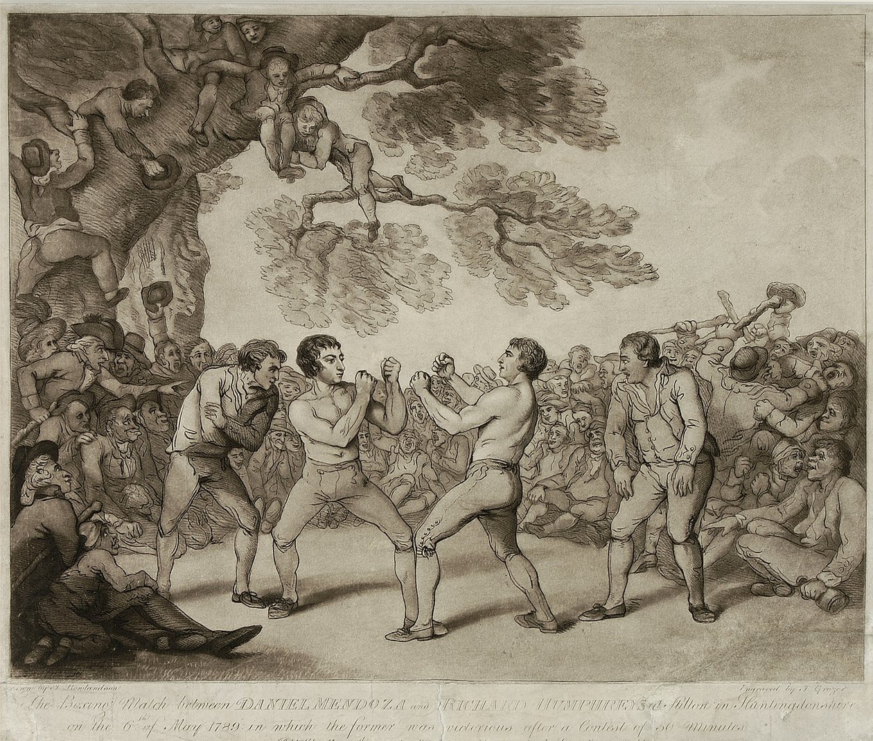 Mecz bokserski między Danielem Mendozą i Richardem Humphreysem w Stilton, Huntingdonshire, 6 maja 1789, grawerowany przez Josepha Grozera (c.1755-99) (grawerowanie) autorstwa Thomas (after) Rowlandson