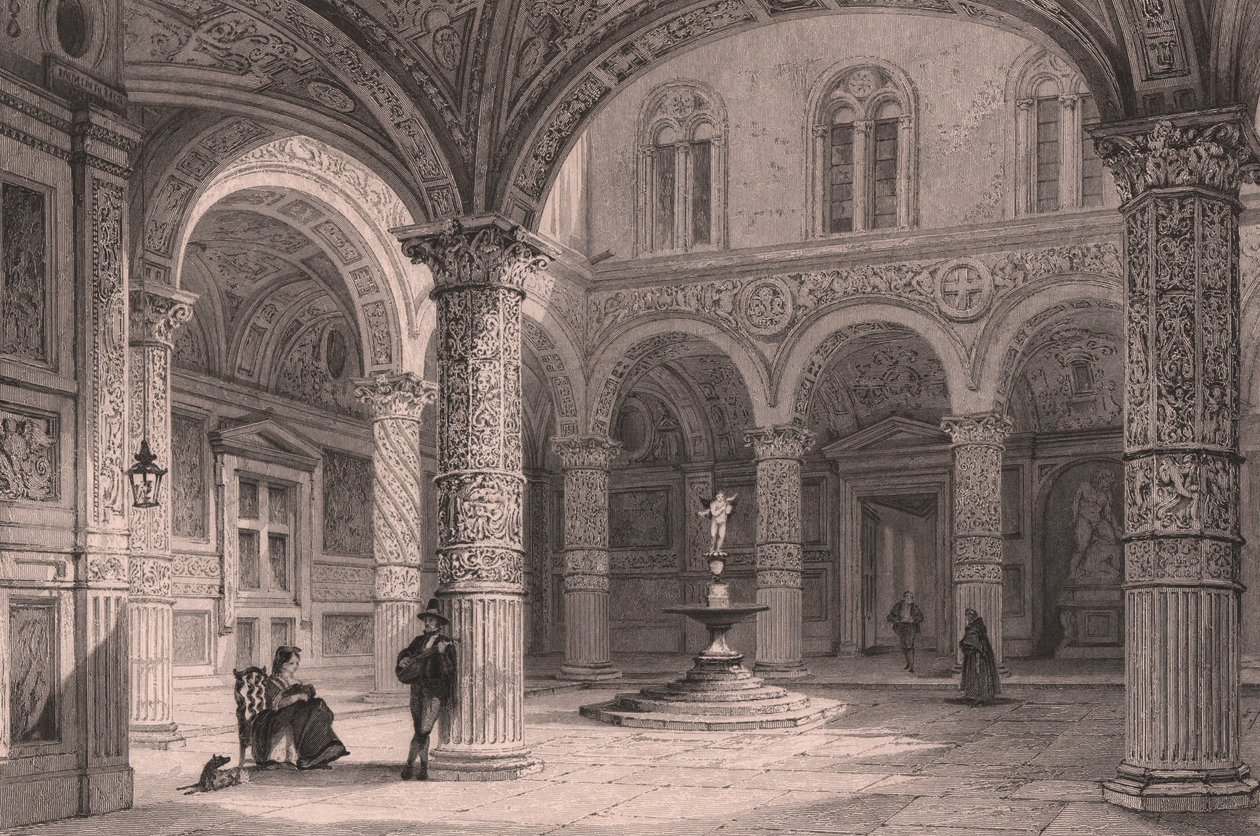 Dziedziniec Palazzo Vecchio we Florencji, Toskania, Włochy, staloryt Jamesa Tingle (czynny ok. 1830-1860) według rysunku Thomasa Alloma (1804-1872), ok. 21x15 cm autorstwa Thomas Allom