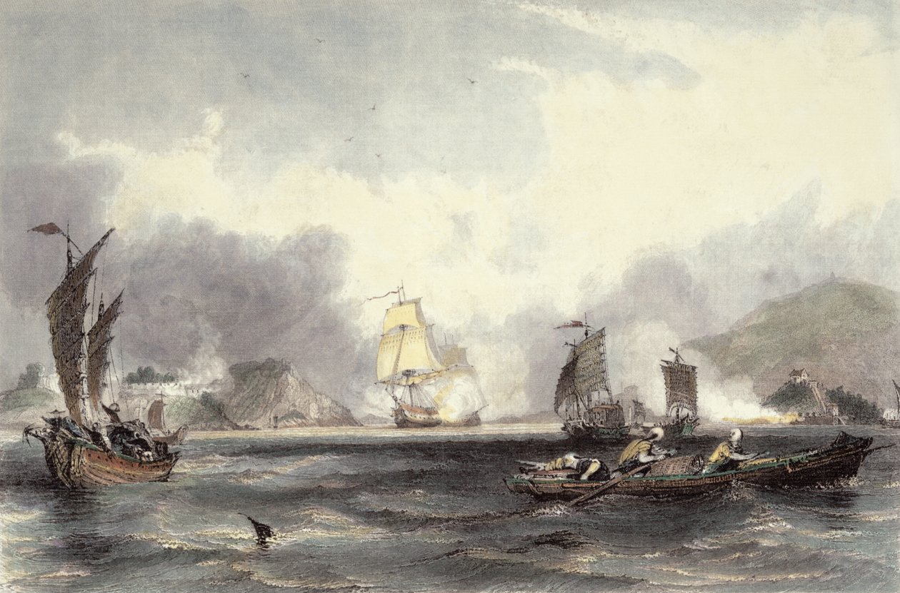 Okręty HM Imogene i Andromache mijają baterie Bocca-Tigris, ok. 1850 r. autorstwa Thomas Allom