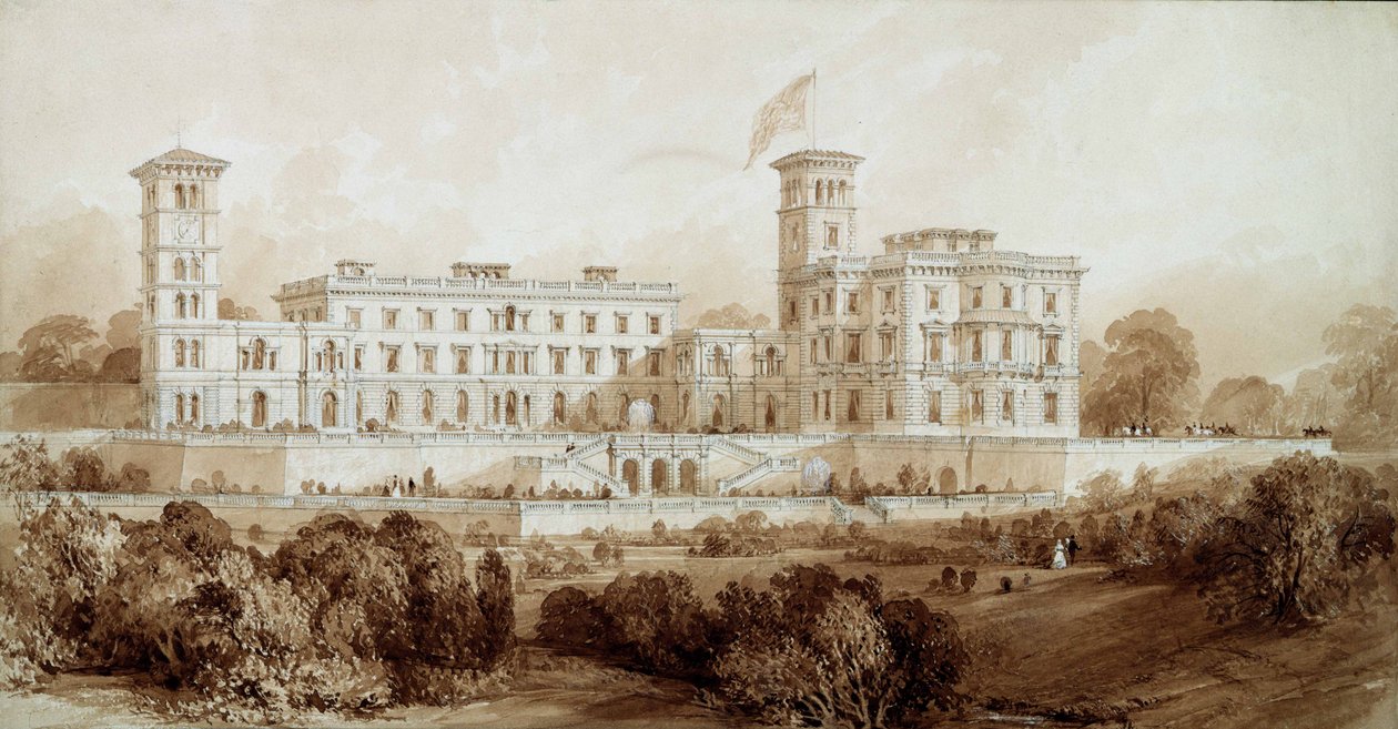 Osborne House, Isle of Wight (ołówek i brązowe pranie) autorstwa Thomas Allom