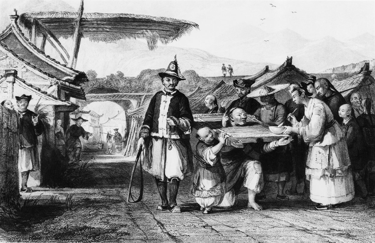 Kara za pomocą tcha lub cangue (drewnianego jarzma lub pręgierza), rycina Thomasa Alloma (1804-1872) z Cesarstwa Chińskiego autorstwa Thomas Allom