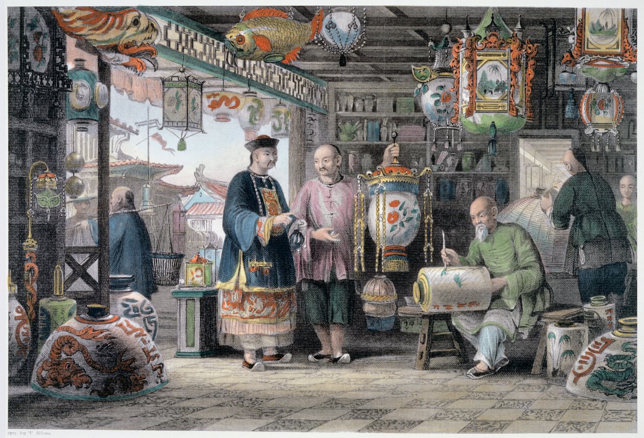 „Salon wystawowy kupca latarni w Pekinie”, Chiny, 1843 r. autorstwa Thomas Allom