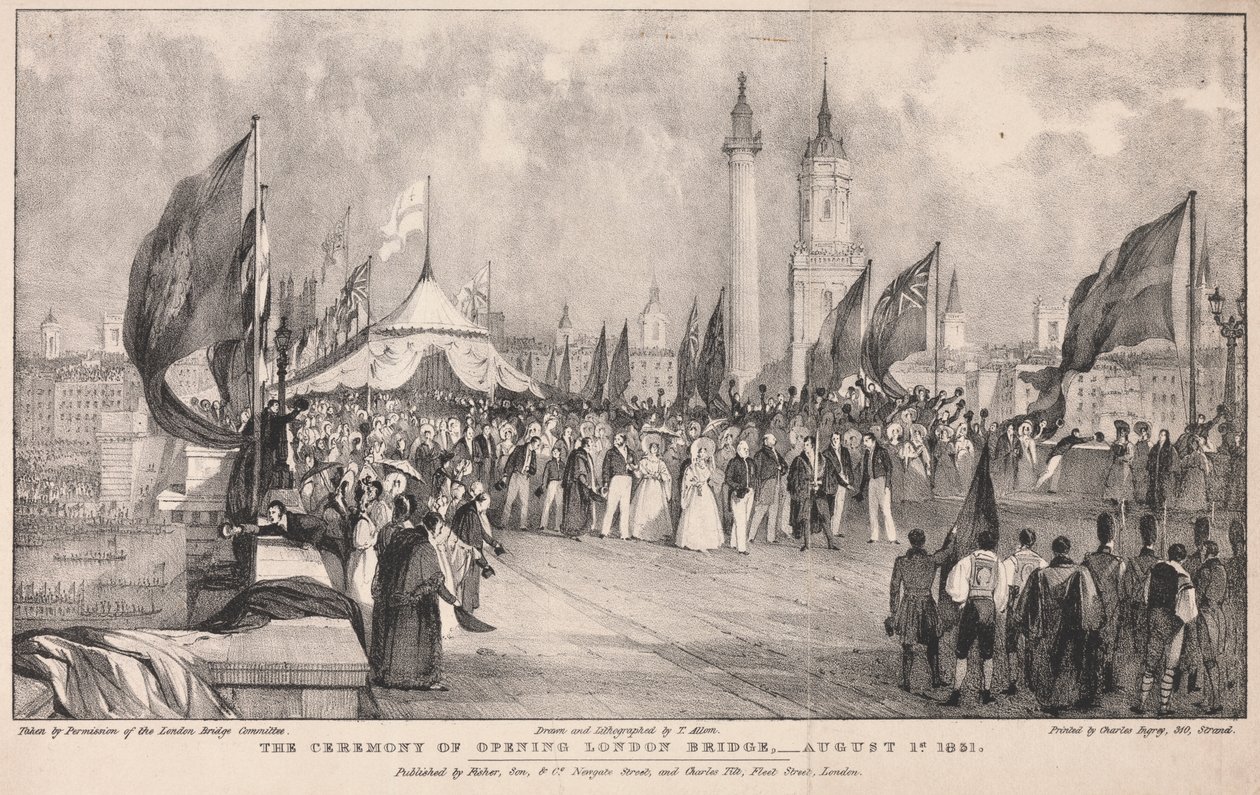 Ceremonia otwarcia London Bridge na tle Old London Bridge autorstwa Thomas Allom
