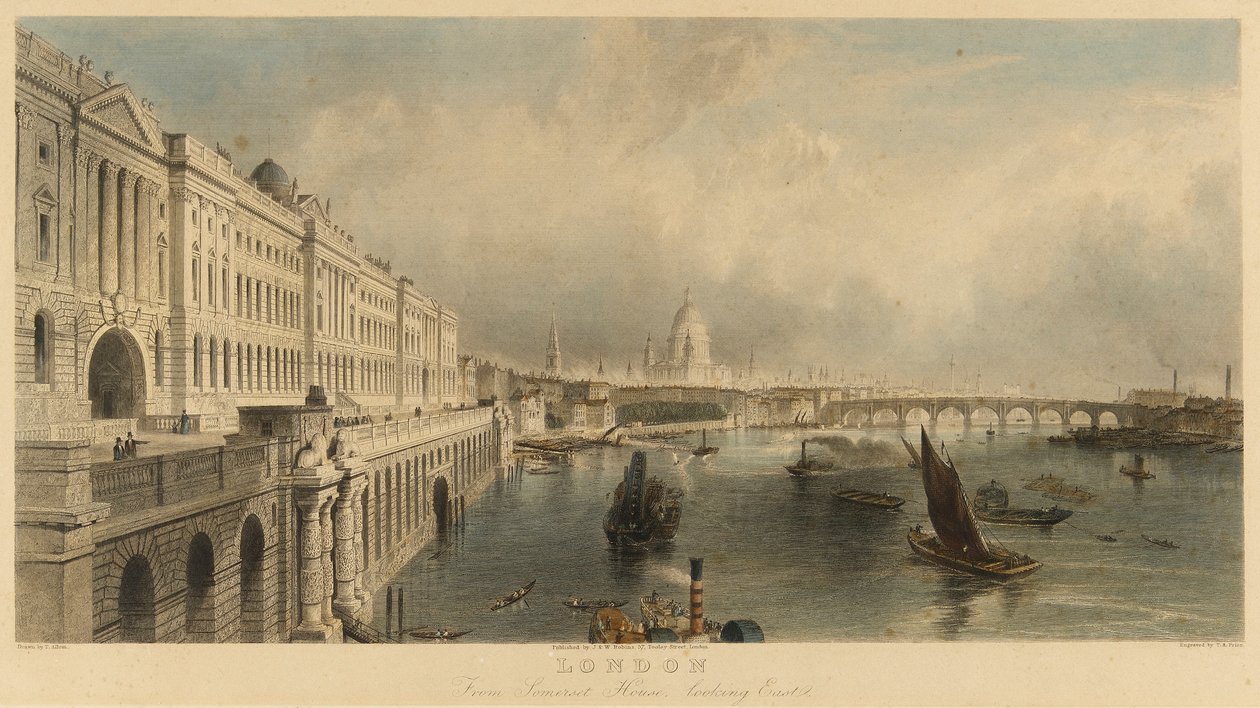 "Widok Londynu, Anglia, z budynku Somerset House Marine Building, z katedrą św. Pawła i mostem London Bridge". Litografia autorstwa Thomas Allom