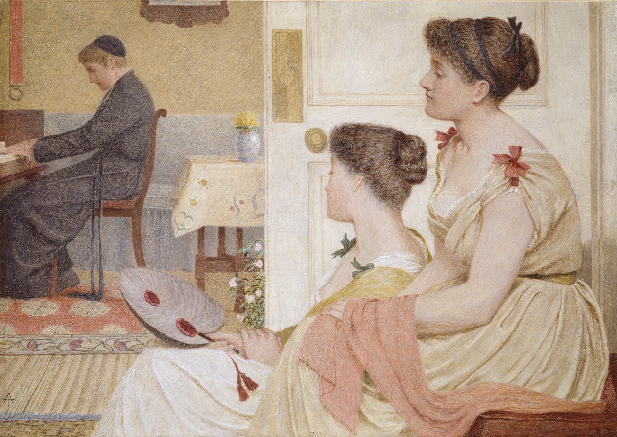 Scena salonowa z młodym księdzem przy fortepianie, koniec XIX w. autorstwa Thomas Armstrong