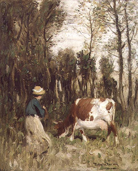 Dziewczyna prowadząca krowę autorstwa Thomas Austen Brown