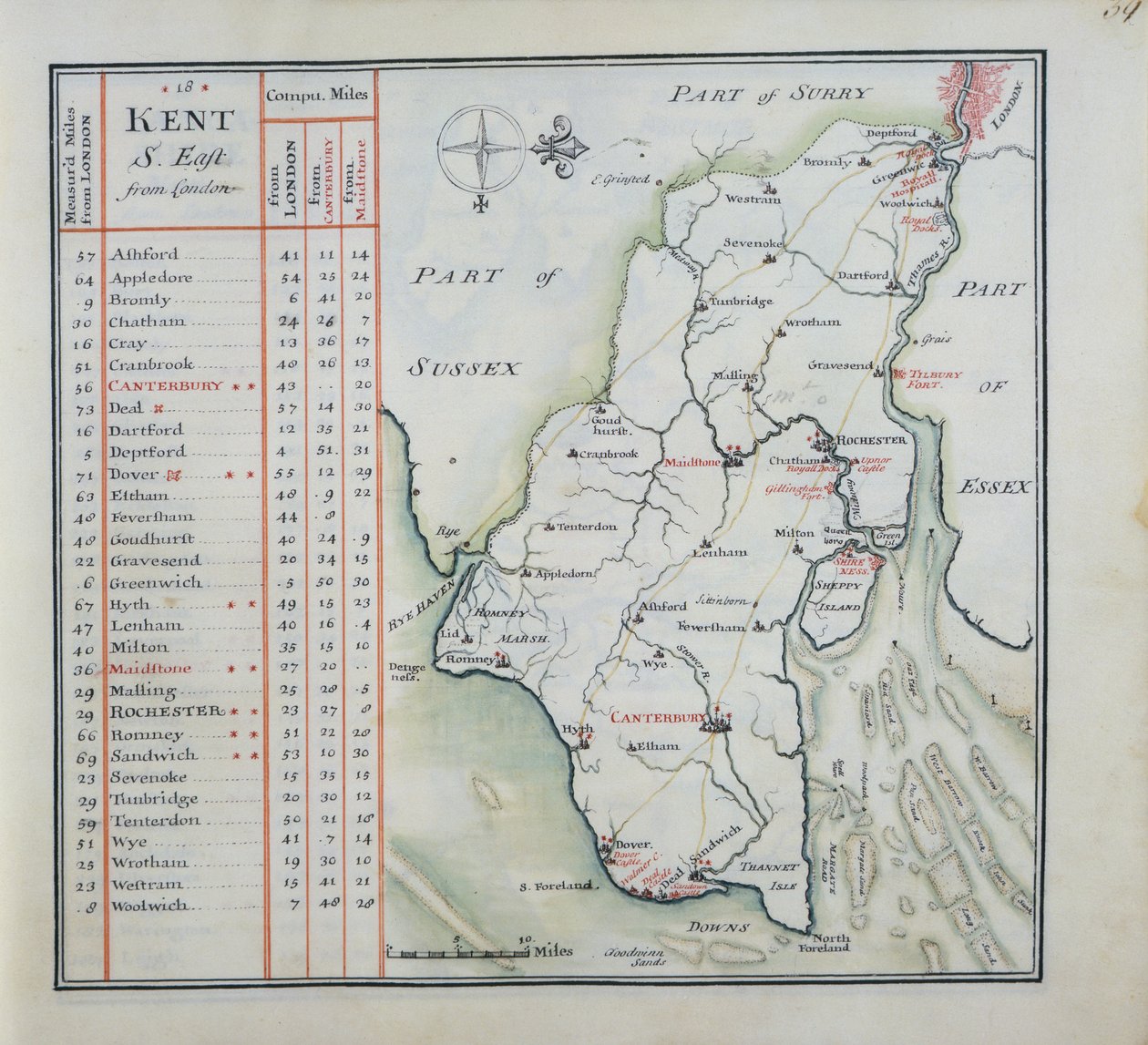 Kent, płyta 39r, z Kompletnego zestawu map Anglii i Walii w ogóle..., 1724 (pióro i atrament i toaleta na papierze) autorstwa Thomas Badeslade
