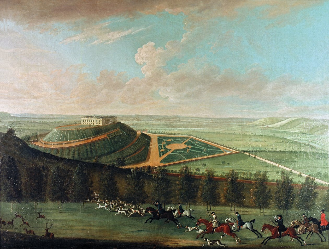 Widok na zamek Belvoir od południowego zachodu, z Belvoir Hunt w Full Cry, 1730 autorstwa Thomas Badeslade