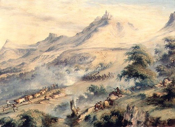Patrol pod dowództwem kapitana Fishera, na którego czele stanęli kaffiry Macomy w rzece Van Beulens Hoek Kat, ok. 1846 r. autorstwa Thomas Baines