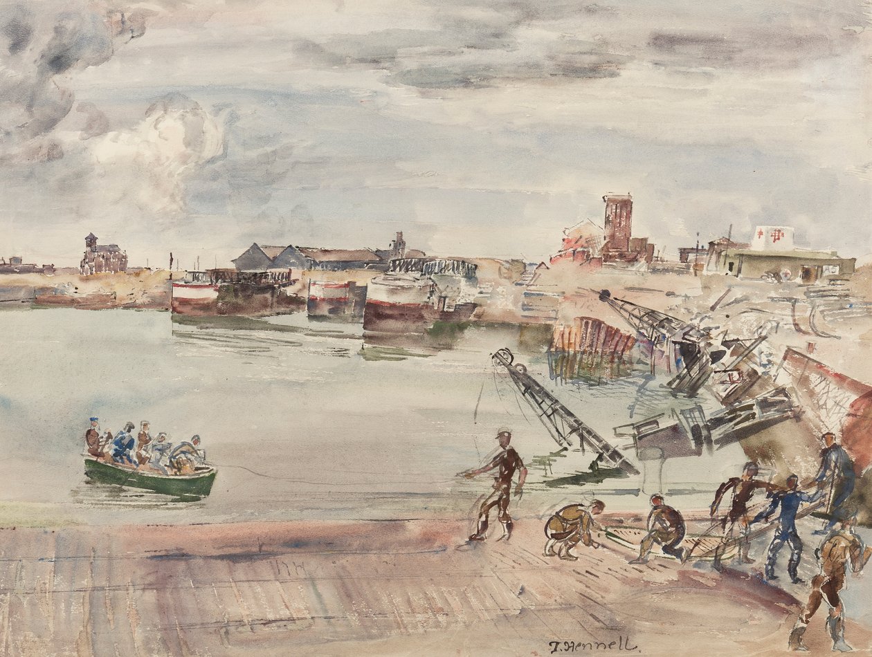 Doki ex entrepots (sic!) Portu Calais Bassin Ouest, 1944 (ołówek, długopis, atrament, pędzel i toaleta na papierze) autorstwa Thomas Barclay Hennell