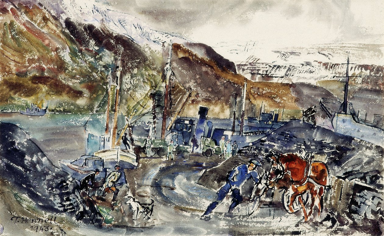 Lokalny wózek na węgiel i trawlery, Seydisfjordur, Islandia (akwarela na papierze) autorstwa Thomas Barclay Hennell