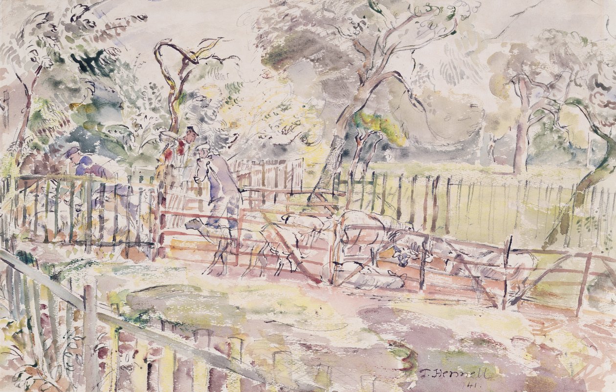 Zanurzanie owiec, New Street, Ridley, 1941 autorstwa Thomas Barclay Hennell