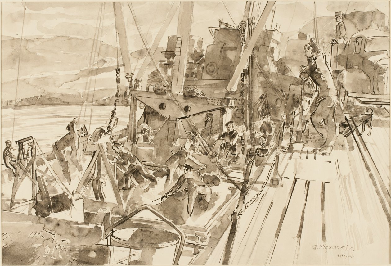 Rozładunek węgla, hwitanów (atrament na papierze) autorstwa Thomas Barclay Hennell