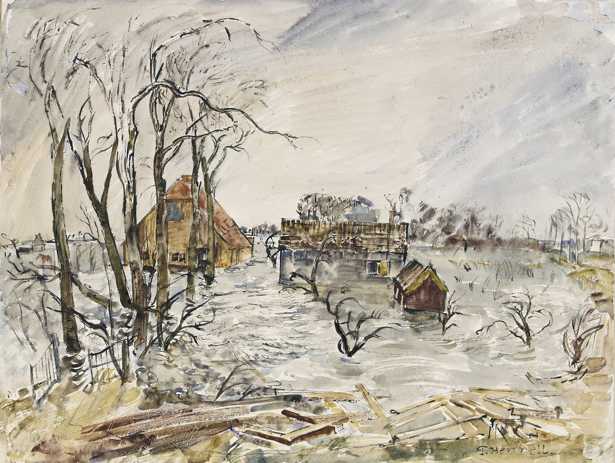 Zalana wyspa Walcheren (Holandia). Obraz autorstwa Thomasa Hennela (1903-1945), akwarela z 1944 r. autorstwa Thomas Barclay Hennell