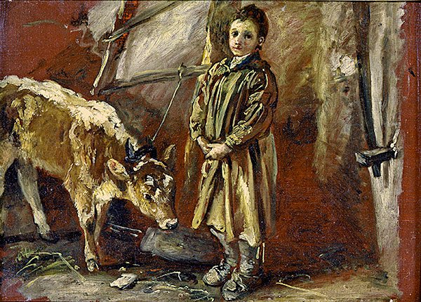 Chłopiec z łydką na uwięzi (olej na płótnie) autorstwa Thomas Barker