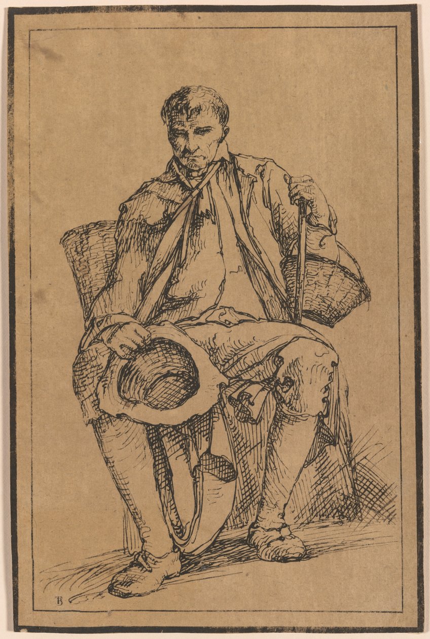 Czterdzieści impresji litograficznych z Drawings of Landscape Scenery autorstwa Thomasa Barkera, wybrane z jego Studies of Rustic Figures after Nature: [Siedzący mężczyzna z koszami trzymający kapelusz i laskę autorstwa Thomas Barker