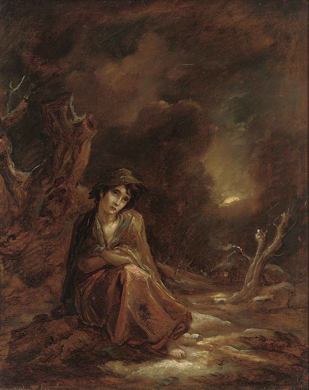 Sceny z „Zadania” Williama Cowpera: zimowy krajobraz w świetle księżyca z Szaloną Kate odpoczywającą na torze, 1785 autorstwa Thomas Barker of Bath