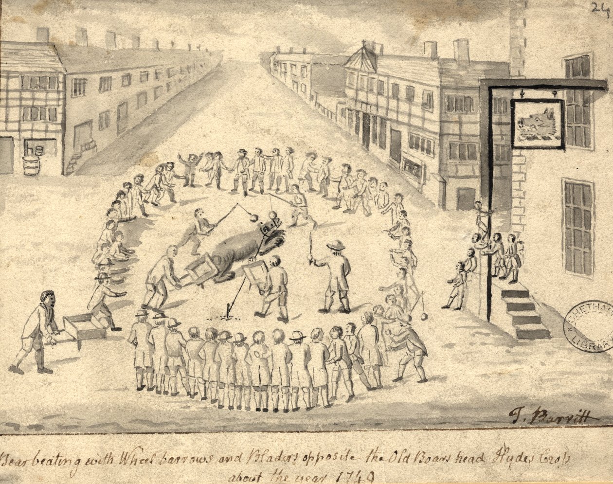 Przynęta na niedźwiedzia, Manchester, 1819 (pióro, tusz i wash na papierze) autorstwa Thomas Barritt