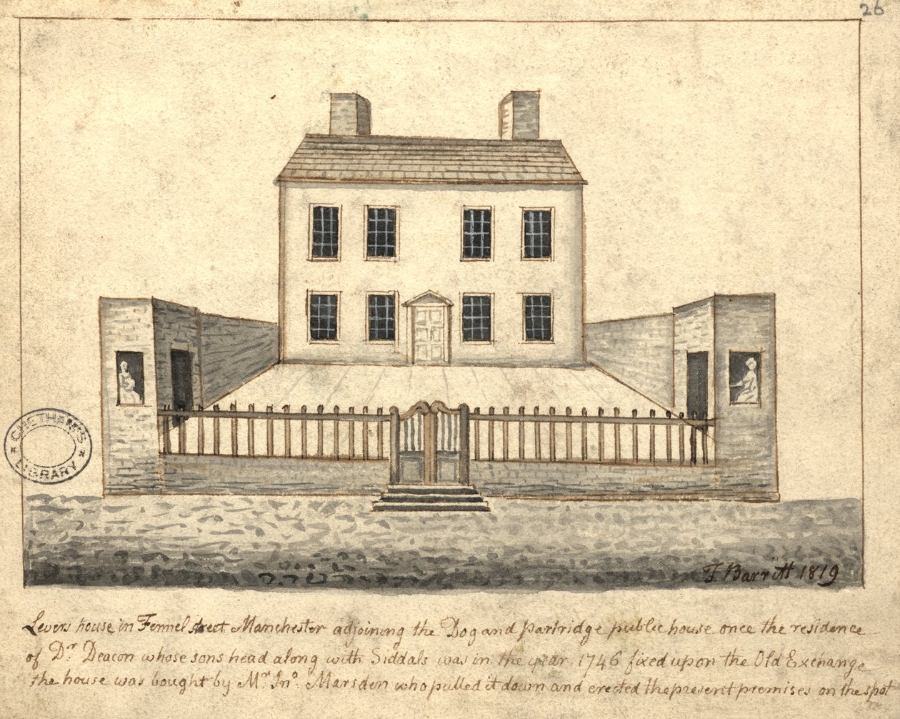 Levers House, Manchester, 1819 (pióro i atrament i pranie na papierze) autorstwa Thomas Barritt