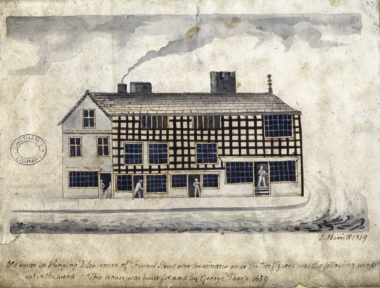 Stary dom na wiszącym rowie, Manchester, 1819 (pióro i atrament i pranie na papierze) autorstwa Thomas Barritt