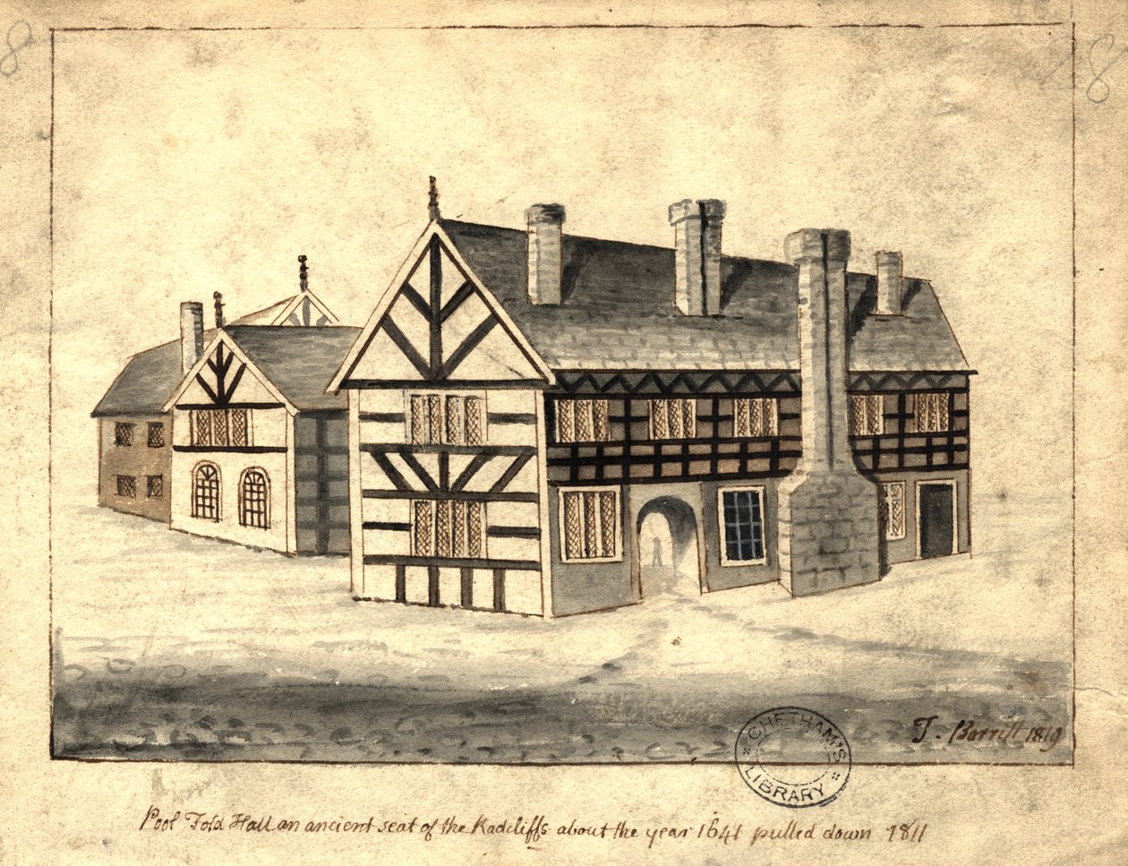 Pool Fold Hall, Manchester, 1819 (pióro i atrament i pranie na papierze) autorstwa Thomas Barritt