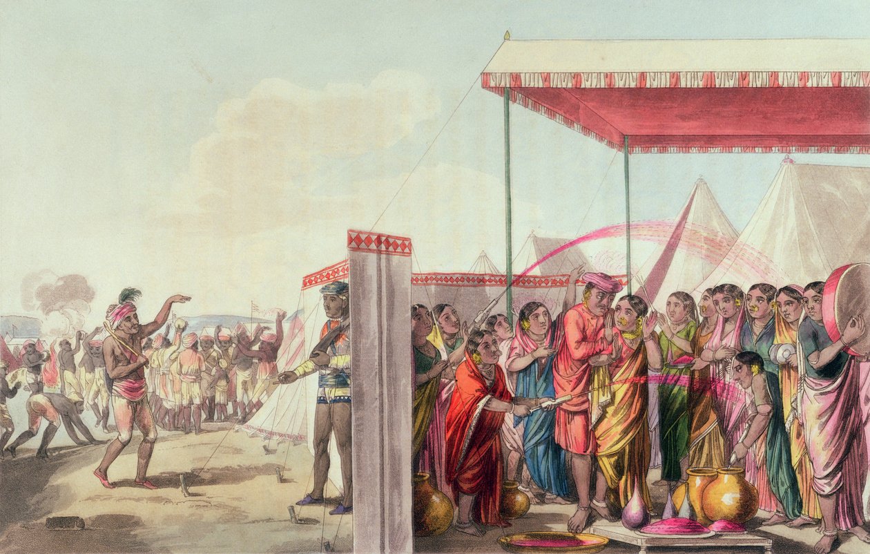 Gra w hohlee, z "A Mahratta Camp", 5 kwietnia 1813 r. (rycina kolorowa) autorstwa Thomas Baxter