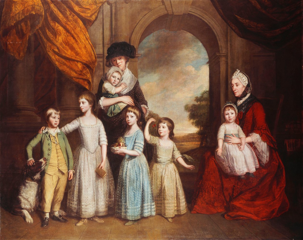 Portret grupowy tchórzliwych dzieci, pełnometrażowy, przed łukiem z krajobrazem za nim, 1776 autorstwa Thomas Beach
