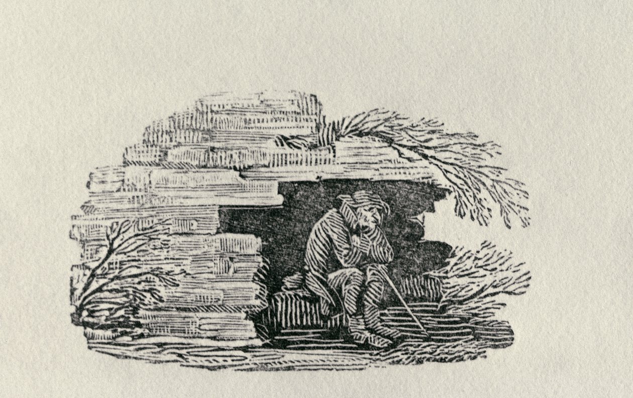 Siedzący mężczyzna schronienie „Historia brytyjskich ptaków i czworonogów” (rycina) autorstwa Thomas Bewick