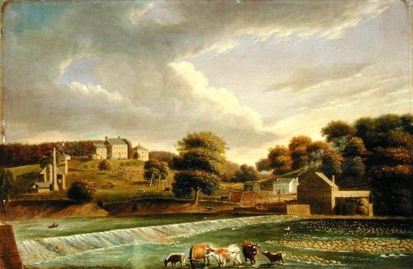 Mill Grove Farm, Perkioman Creek, Filadelfia, ok. 1820 (olej na panelu) autorstwa Thomas Birch