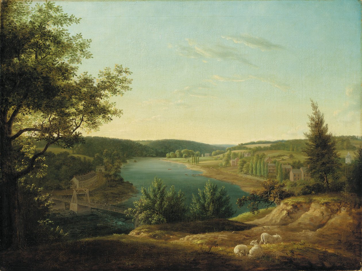 Widok na most łańcuchowy i wodospady Schuylkill, pięć mil od Filadelfii autorstwa Thomas Birch