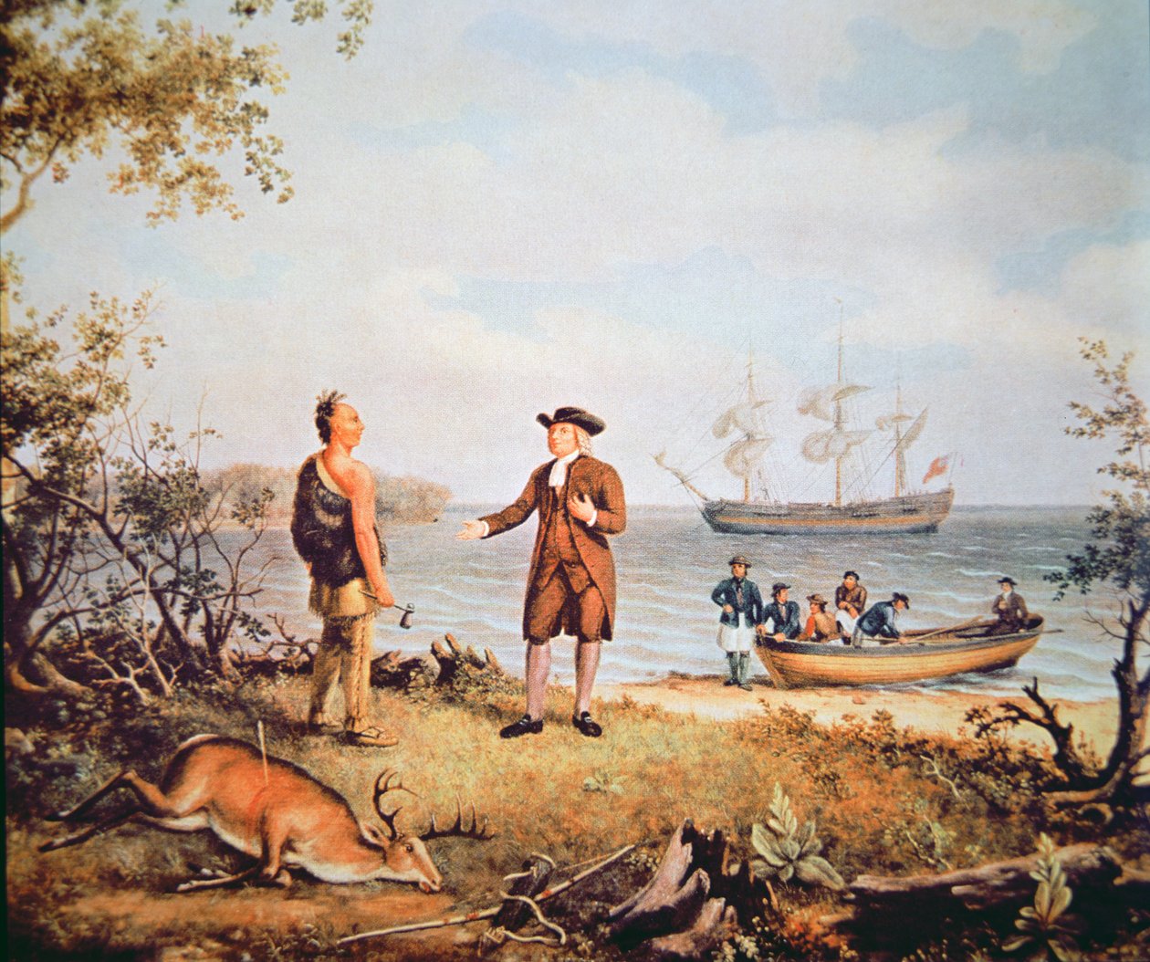 William Penn przybywa do Ameryki po raz pierwszy i spotyka rdzennego Amerykanina w 1682 roku (olej na płótnie) autorstwa Thomas Birch
