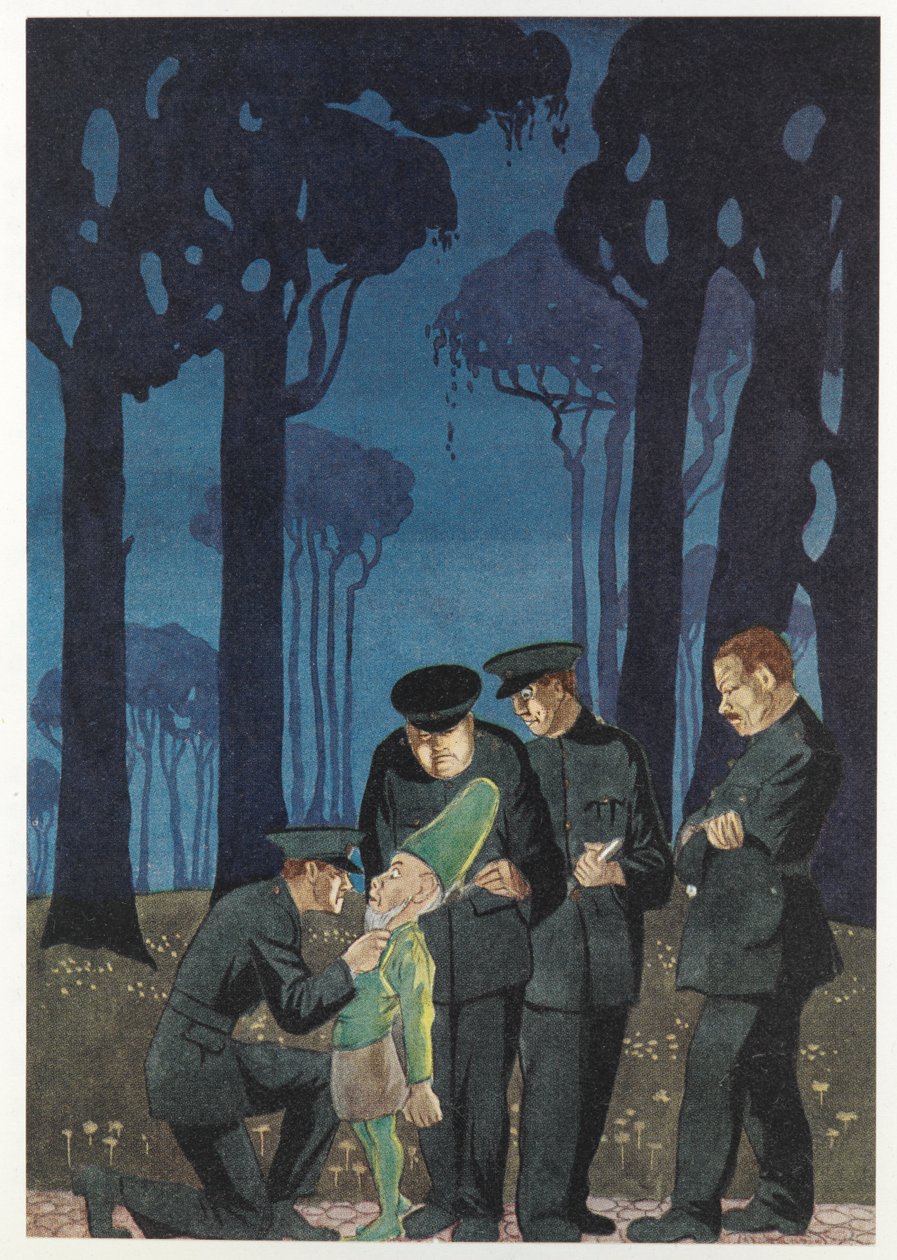 "Powiedz mi, gdzie są pieniądze?" syknął. Policja przesłuchuje leprechauna z „The Crock of Gold” Jamesa Stephensa autorstwa Thomas Blakeley Mackenzie