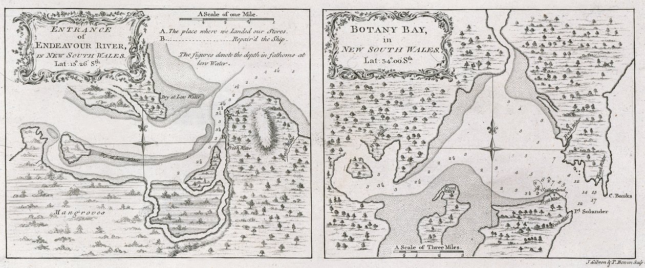 Wejście do Endeavour River i Botany Bay w Nowej Południowej Walii na mapach kapitana Jamesa Cooka autorstwa Thomas Bowen