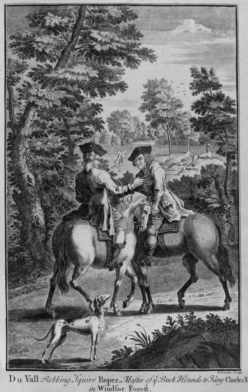 Claude Duval rabuje Squire Ropera, mistrza Buckhounds dla króla Karola II, w Windsor Forest autorstwa Thomas Bowles