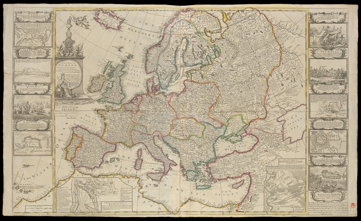 Nowa mapa Europy sporządzona na podstawie najdokładniejszych obserwacji przekazanych Towarzystwu Królewskiemu w Londynie i Paryżu, ok. 1720 r. (rysunek techniczny) autorstwa Thomas Bowles