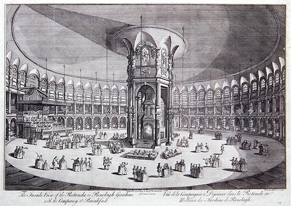 Widok wnętrza rotundy w Ranelagh Gardens z Towarzystwem podczas śniadania, z „Survey of the Cities of London and Westminster” Johna Stow autorstwa Thomas Bowles