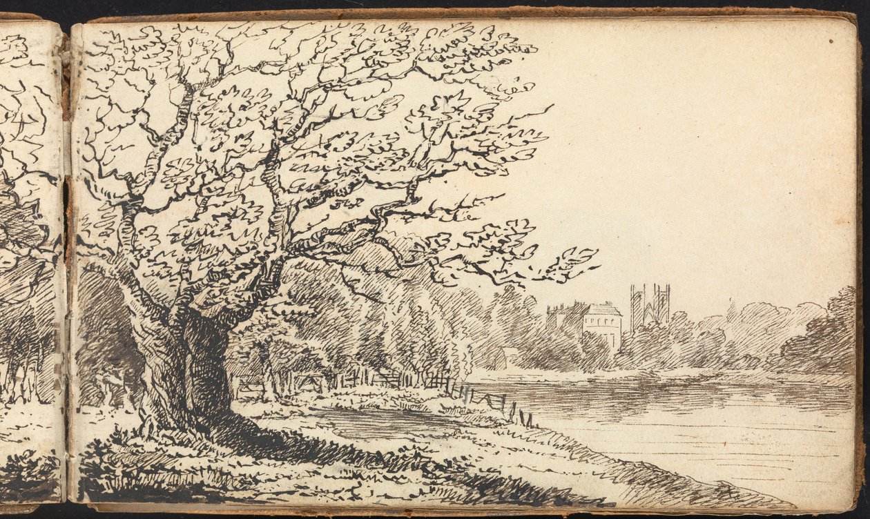 Album Studiów pejzażowych i figuralnych: Drzewa nad rzeką z zabudowaniami w oddali autorstwa Thomas Bradshaw