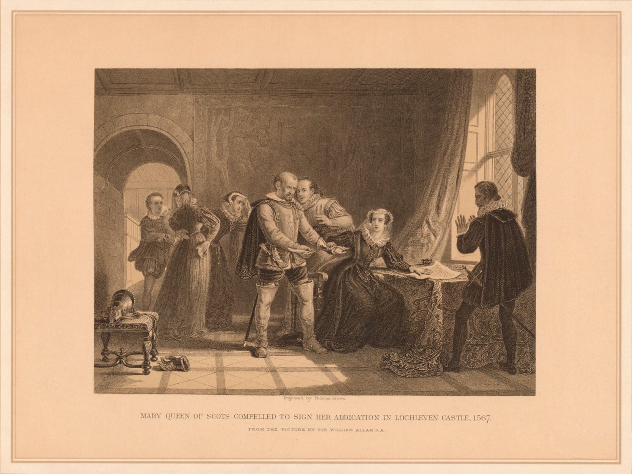Maria królowa Szkotów zmuszona do podpisania swojej abdykacji w zamku Lochleven, 1567, 1878 autorstwa Thomas Brown