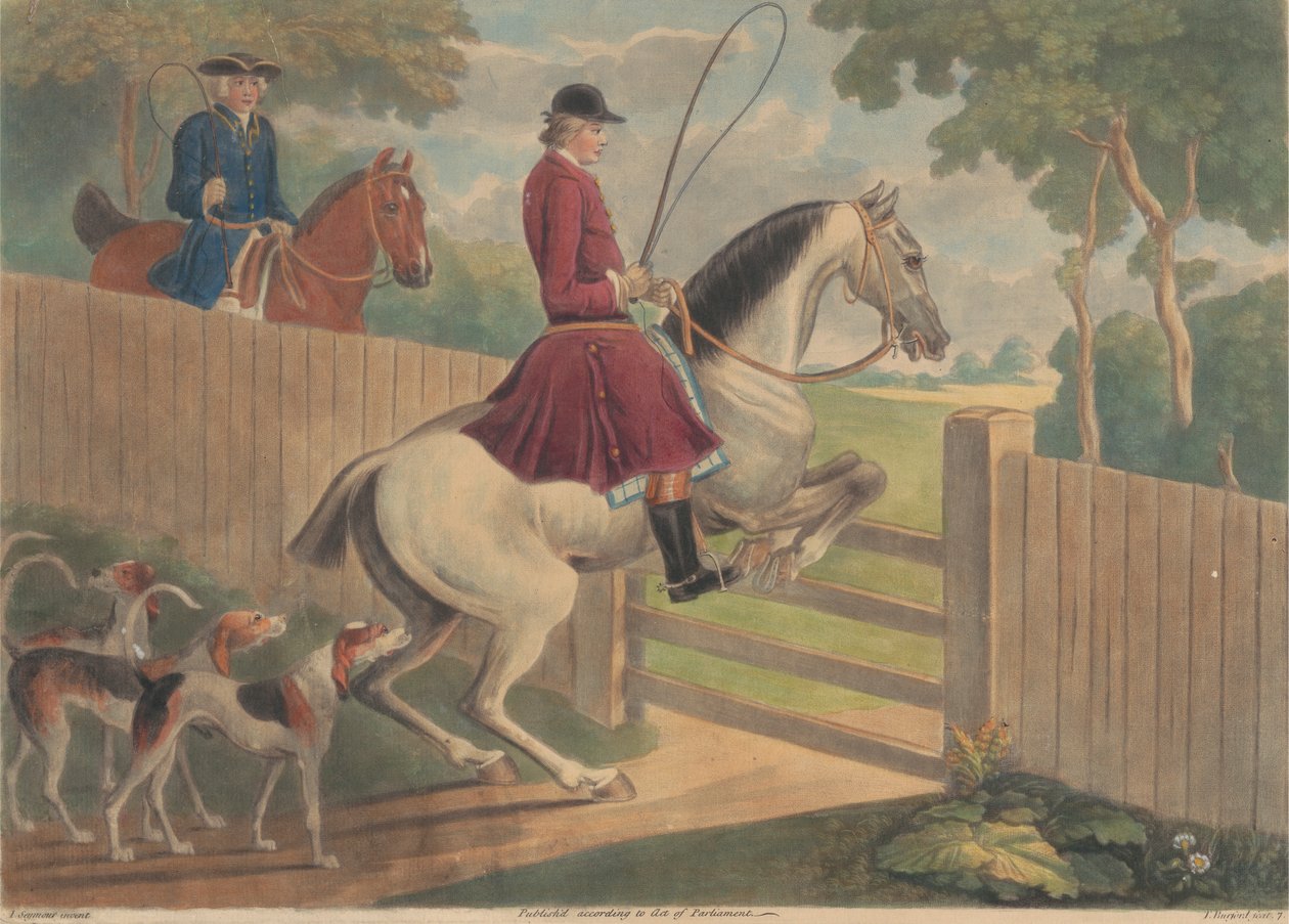 Caça [dois de um conjunto de doze]: 7. [Um cavaleiro colocando o cavalo em um portão] polonês autorstwa Thomas Burford