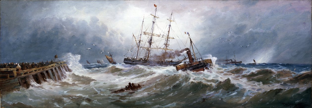 Francuski holownik ciągnący łódź w porcie Boulogne (Francja) na trudnym morzu. Olej na płótnie autorstwa Thomas Bush Hardy